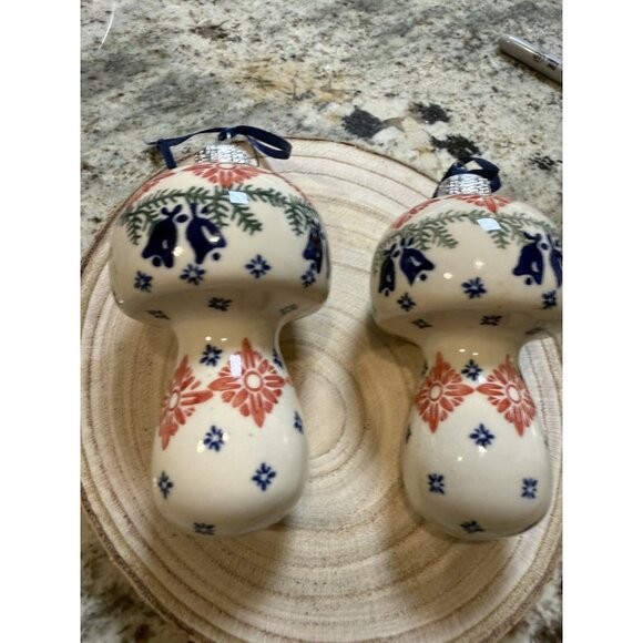 2 Handpainted Boleslawiec Poland Pottery Puffy MUSHROOM Christmas Tree Ornament - Picture 3 of 6